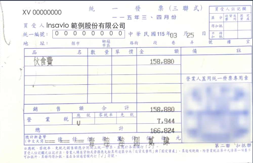 已去識別化的三聯式統一發票：伙食費，銷售額 158,880，營業稅 7,944，總計 166,824