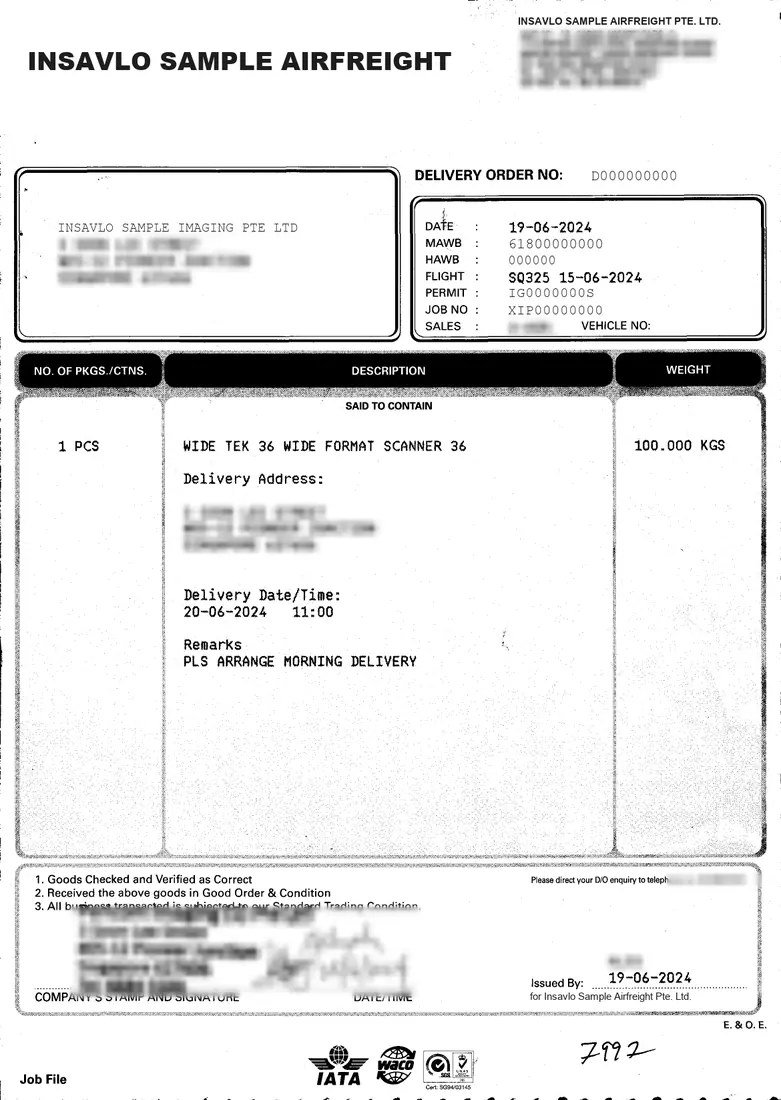 已去識別化的提貨單：收貨方已蓋章簽名並寫上簽收日期