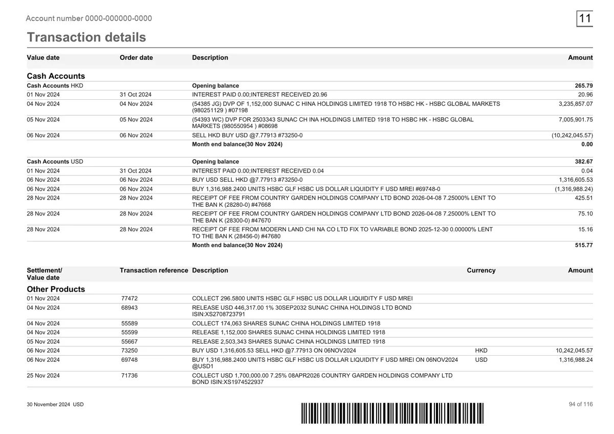 樣本：HSBC 環球私人銀行交易明細，港幣與美元現金帳戶，含換匯與括號負數